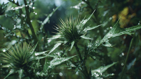 Milk thistle in gentle light rain, soft raindrops visible on vivid green leaves, natural realistic...