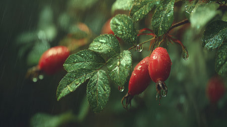 Rose hip in gentle light rain, soft raindrops visible on vivid green leaves, natural realistic style, bright fresh colors, balanced wide composition, cinematic framing, highly detailed, seamless for video continuation.の写真素材