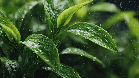Bitter leaf in gentle light rain, soft raindrops visible on vivid green leaves, natural realistic...