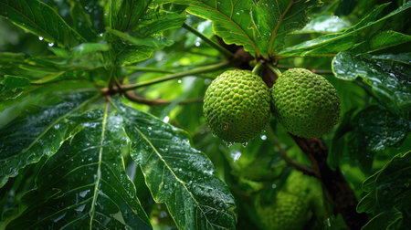Breadfruit tree in gentle light rain, soft raindrops visible on vivid green leaves, natural...