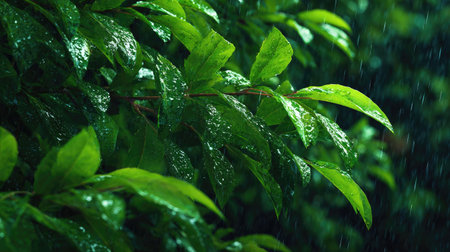 Gentle light rain, soft raindrops visible on vivid green leaves, natural realistic style, bright...