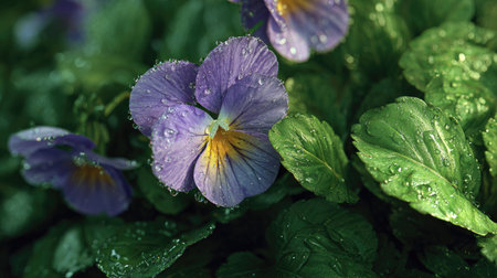 Pansy in gentle light rain, soft raindrops visible on vivid green leaves, natural realistic style, bright fresh colors, balanced wide composition, cinematic framing, highly detailed, seamless for video continuation.の写真素材