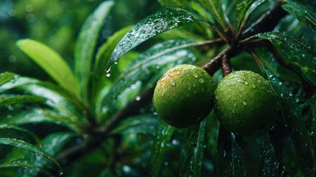 Sapote in gentle light rain, soft raindrops visible on vivid green leaves, natural realistic style,...