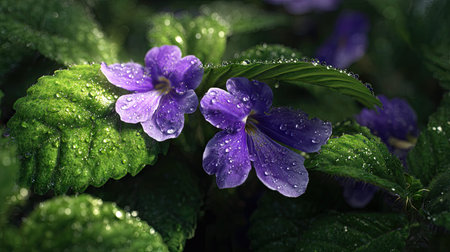 Streptocarpus in gentle light rain, soft raindrops visible on vivid green leaves, natural realistic...