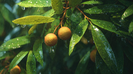 Longan in gentle light rain, soft raindrops visible on vivid green leaves, natural realistic style,...