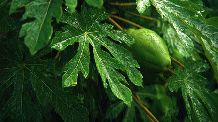 Papaya in gentle light rain, soft raindrops visible on vivid green leaves, natural realistic style, bright fresh colors, balanced wide composition, cinematic framing, highly detailed, seamless for video continuation.の写真素材