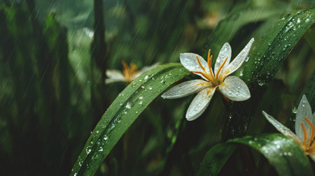 Rain lily in gentle light rain, soft raindrops visible on vivid green leaves, natural realistic...