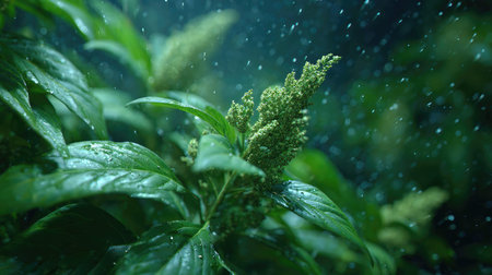 Quinoa in gentle light rain, soft raindrops visible on vivid green leaves, natural realistic style,...