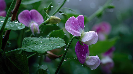 Sweet pea in gentle light rain, soft raindrops visible on vivid green leaves, natural realistic...