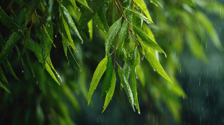 Willow bark in gentle light rain, soft raindrops visible on vivid green leaves, natural realistic...
