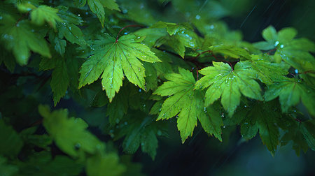 Red maple in gentle light rain, soft raindrops visible on vivid green leaves, natural realistic...