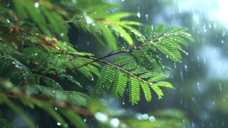 Mesquite in gentle light rain, soft raindrops visible on vivid green leaves, natural realistic...