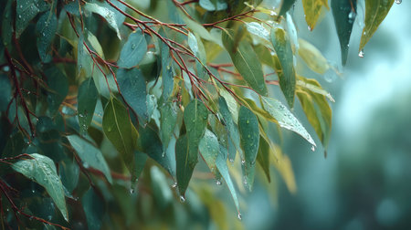 Blue gum in gentle light rain, soft raindrops visible on vivid green leaves, natural realistic style, bright fresh colors, balanced wide composition, cinematic framing, highly detailed, seamless for video continuation.の写真素材