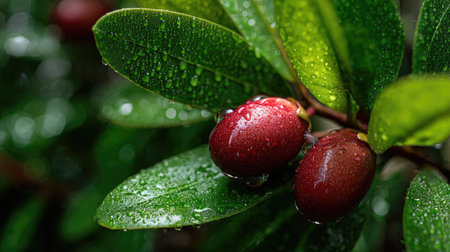 Miracle fruit in gentle light rain, soft raindrops visible on vivid green leaves, natural realistic...