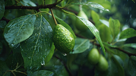 Avocado in gentle light rain, soft raindrops visible on vivid green leaves, natural realistic style, bright fresh colors, balanced wide composition, cinematic framing, highly detailed, seamless for video continuation.の写真素材