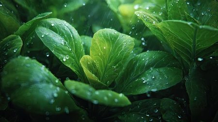 Tatsoi in gentle light rain, soft raindrops visible on vivid green leaves, natural realistic style,...