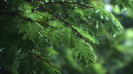 Dawn redwood in gentle light rain, soft raindrops visible on vivid green leaves, natural realistic...