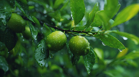 Lime tree in gentle light rain, soft raindrops visible on vivid green leaves, natural realistic...