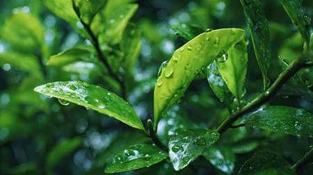 Buddha s hand in gentle light rain, soft raindrops visible on vivid green leaves, natural realistic style, bright fresh colors, balanced wide composition, cinematic framing, highly detailed, seamless for video continuation.の写真素材