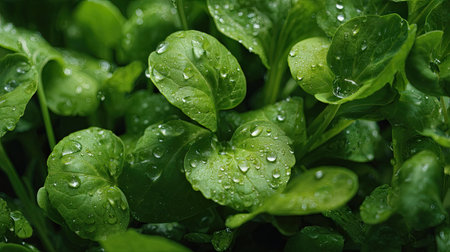 Watercress in gentle light rain, soft raindrops visible on vivid green leaves, natural realistic style, bright fresh colors, balanced wide composition, cinematic framing, highly detailed, seamless for video continuation.の写真素材
