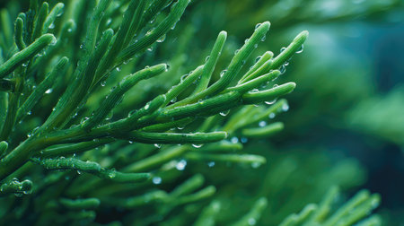 Samphire in gentle light rain, soft raindrops visible on vivid green leaves, natural realistic...