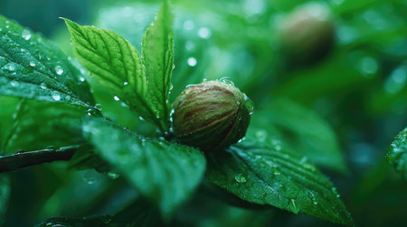Nutmeg in gentle light rain, soft raindrops visible on vivid green leaves, natural realistic style,...