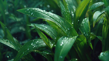 Gentle light rain, soft raindrops visible on vivid green leaves, natural realistic style, bright...