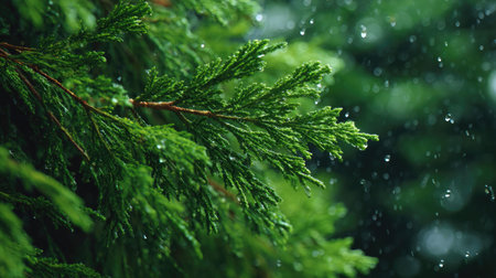 Cypress in gentle light rain, soft raindrops visible on vivid green leaves, natural realistic style, bright fresh colors, balanced wide composition, cinematic framing, highly detailed, seamless for video continuation.の写真素材