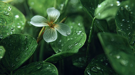 Wallflower in gentle light rain, soft raindrops visible on vivid green leaves, natural realistic...
