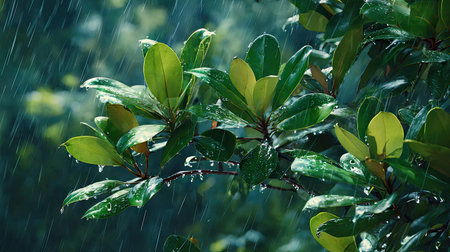 Southern magnolia in gentle light rain, soft raindrops visible on vivid green leaves, natural...