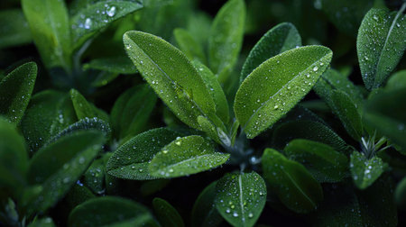 Sage in gentle light rain, soft raindrops visible on vivid green leaves, natural realistic style,...