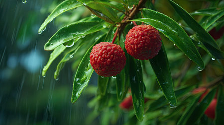 Quandong in gentle light rain, soft raindrops visible on vivid green leaves, natural realistic...