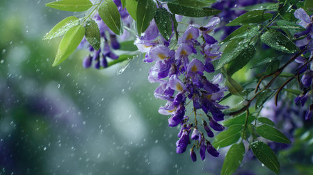 Wisteria in gentle light rain, soft raindrops visible on vivid green leaves, natural realistic...