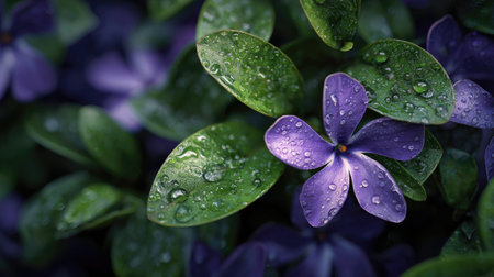 Violet in gentle light rain, soft raindrops visible on vivid green leaves, natural realistic style,...