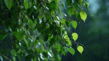 River birch in gentle light rain, soft raindrops visible on vivid green leaves, natural realistic...