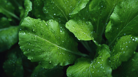 Daikon leaves in gentle light rain, soft raindrops visible on vivid green leaves, natural realistic...