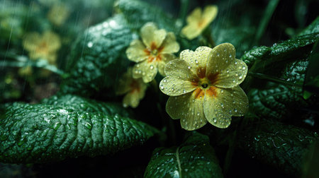 Primrose in gentle light rain, soft raindrops visible on vivid green leaves, natural realistic...