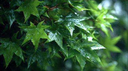 Sweetgum in gentle light rain, soft raindrops visible on vivid green leaves, natural realistic...