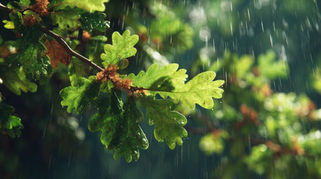 Oak in gentle light rain, soft raindrops visible on vivid green leaves, natural realistic style, bright fresh colors, balanced wide composition, cinematic framing, highly detailed, seamless for video continuation.の写真素材