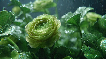 Ranunculus in gentle light rain, soft raindrops visible on vivid green leaves, natural realistic...