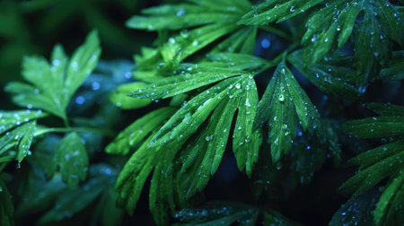 Monkshood in gentle light rain, soft raindrops visible on vivid green leaves, natural realistic...