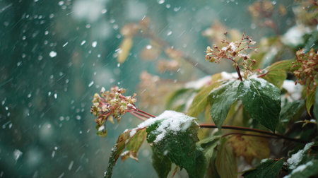 First snow falling gently on Anise, a few snowflakes drifting slowly and settling on the leaves; fresh air.の写真素材