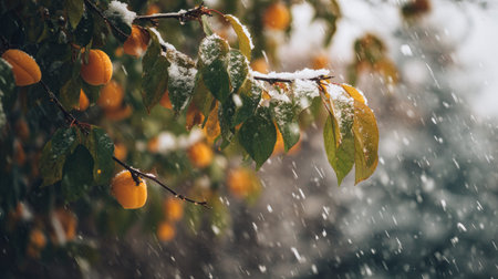 First snow falling gently on Apricot, a few snowflakes drifting slowly and settling on the leaves;...