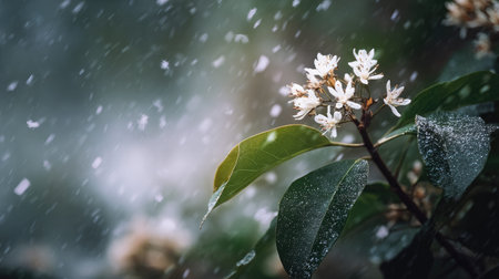 First snow falling gently on Clove tree, a few snowflakes drifting slowly and settling on the...