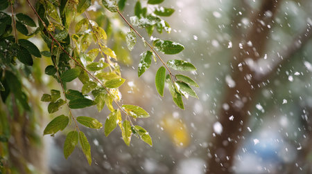 First snow falling gently on a tree, a few snowflakes drifting slowly and settling on the leaves;...