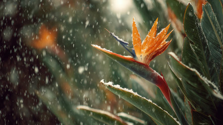 First snow falling gently on Bird of paradise, a few snowflakes drifting slowly and settling on the leaves; fresh air.の写真素材
