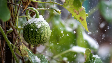 First snow falling gently on Bottle gourd, a few snowflakes drifting slowly and settling on the leaves; fresh air.の写真素材