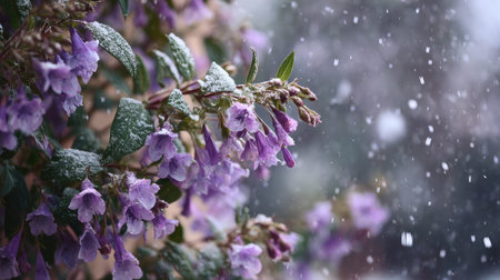 First snow falling gently on Angelonia, a few snowflakes drifting slowly and settling on the leaves;...