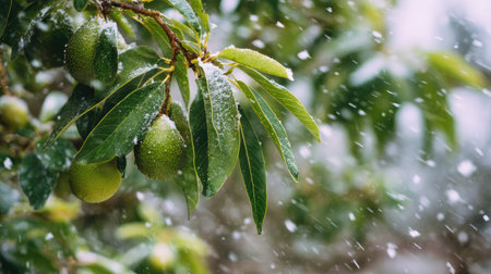 First snow falling gently on Avocado, a few snowflakes drifting slowly and settling on the leaves;...