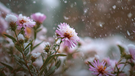 First snow falling gently on Aster, a few snowflakes drifting slowly and settling on the leaves; fresh air.の写真素材